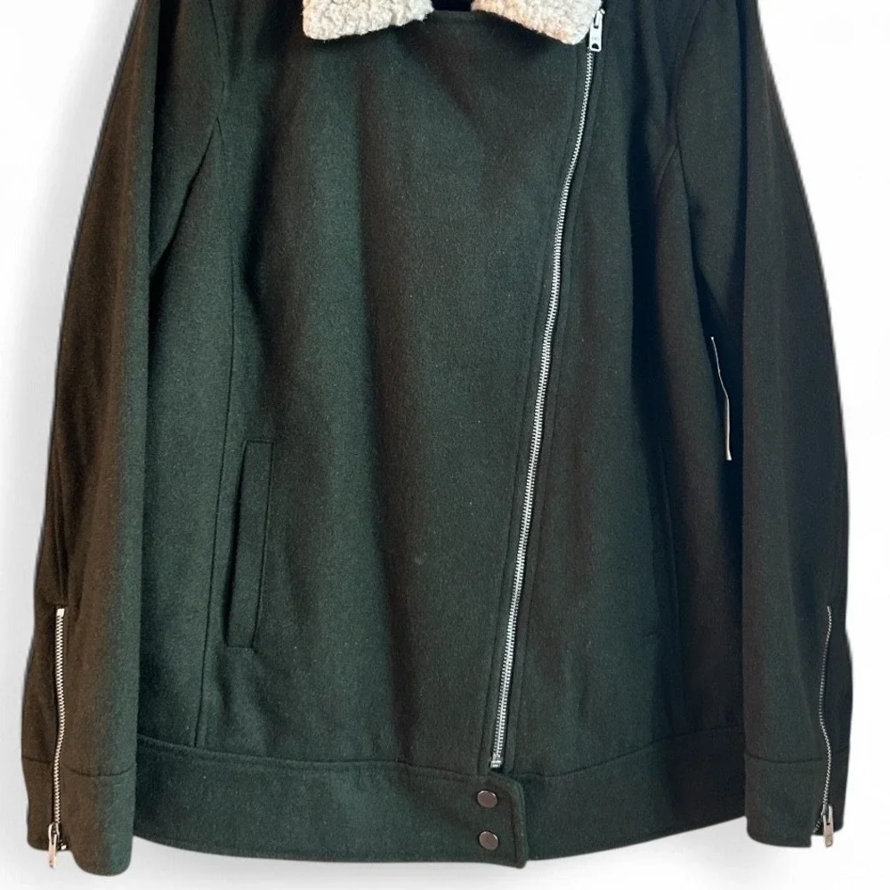 A New Approach Women Moto‎ Jacket Size XL Earthy Green Sherpa Assymetrical Zip